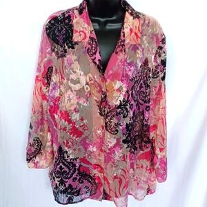 Alfred Dunner Women's sz 14 Sheer Button Down Pink & Black Floral Blouse